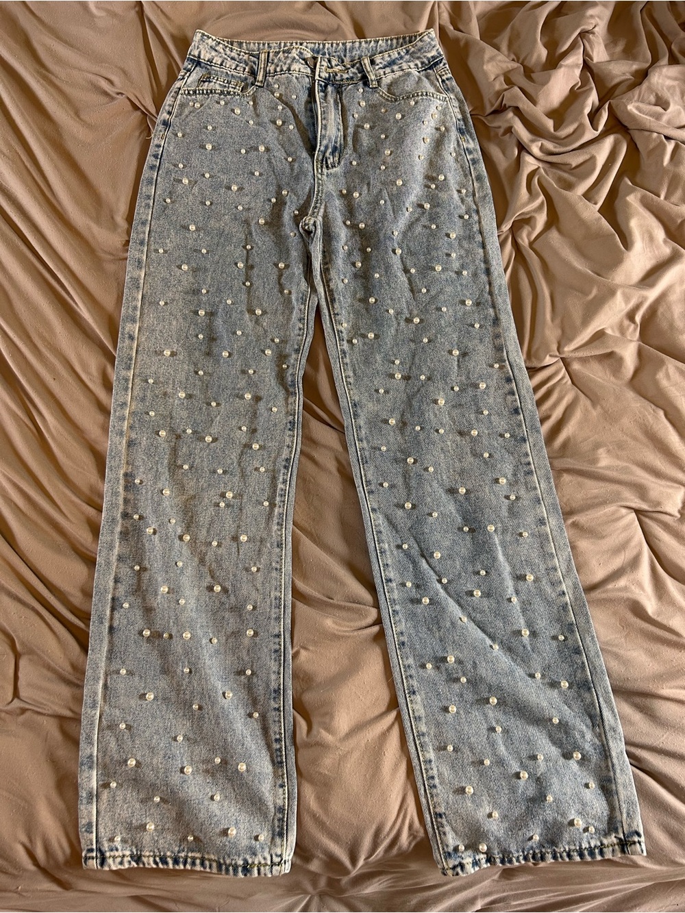 SHEIN Light Blue Pearl-Embellished Straight Leg Jeans